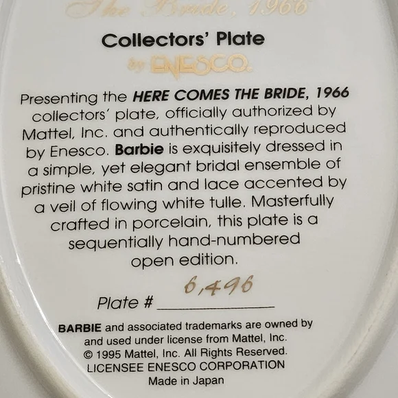 NIB Barbie with Love 1966 Collector's Plate Here Comes the Bride by Enesco - Picture 3 of 13